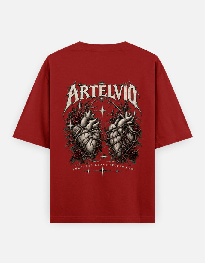 ARTELVIO Sacred Heart oversized T-shirt in red, back view with anatomical heart and rose graphic