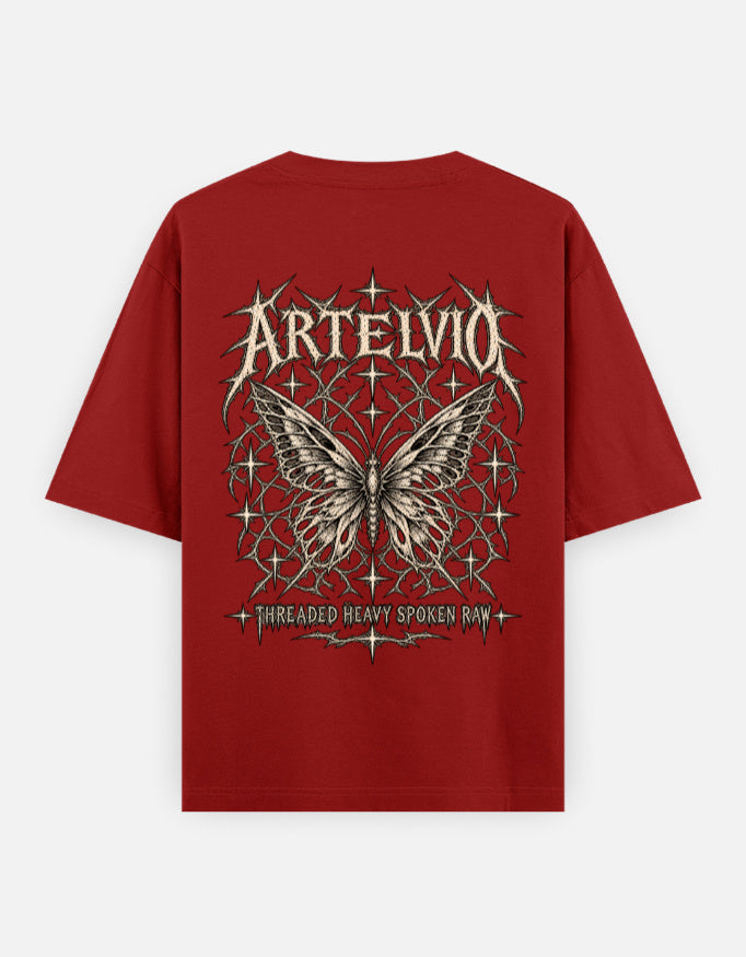 Artelvio Butterfly Eclipse oversized red t-shirt with celestial butterfly back graphic