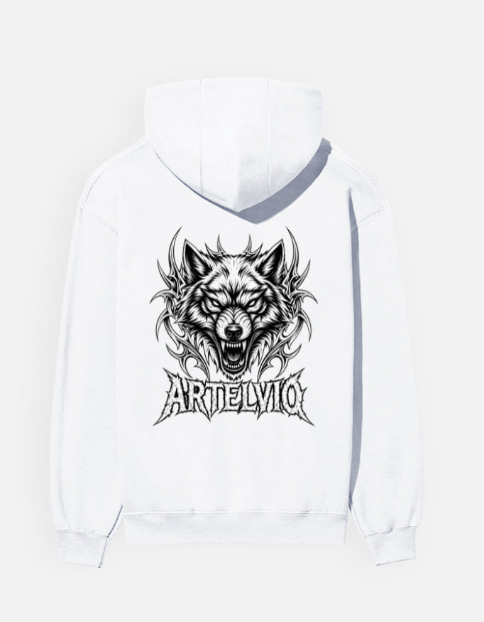 White Artelvio Gothic Wolf Unisex Hoodie with bold wolf graphic
