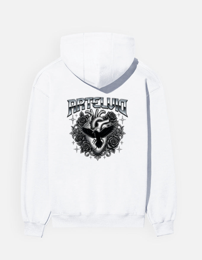 RTELVIO Gothic Raven and rose graphic on white unisex hoodie back