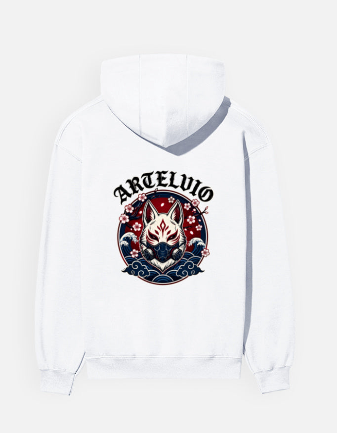 ARTELVIO Japanese fox graphic with waves and floral artwork on white hoodie back