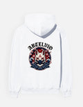 ARTELVIO Japanese fox graphic with waves and floral artwork on white hoodie back