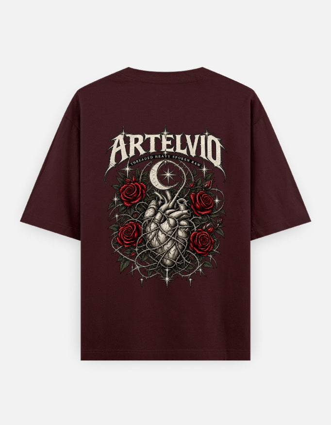ARTELVIO Thorner Hearts oversized T-shirt in maroon with full-back thorned heart, red roses and crescent moon graphic