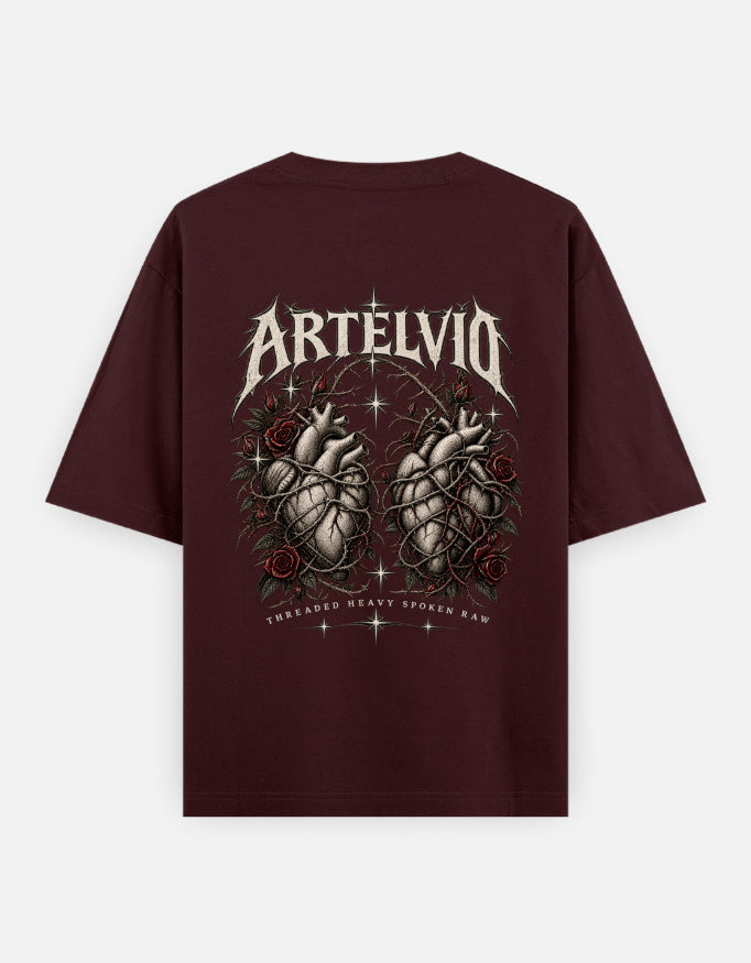 ARTELVIO Sacred Heart oversized T-shirt in maroon, back view with anatomical heart and rose graphic