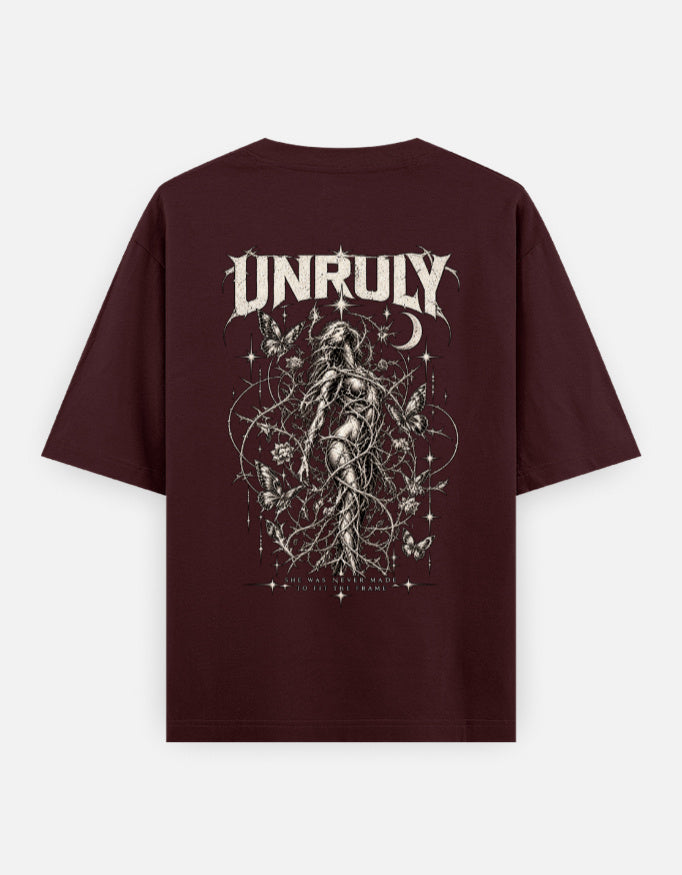 ARTELVIO Unruly oversized maroon T-shirt with gothic butterfly and thorn graphic on back