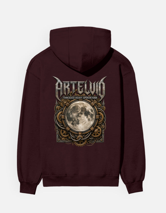 ARTELVIO Lunar Relic graphic hoodie maroon back with ornate full moon design