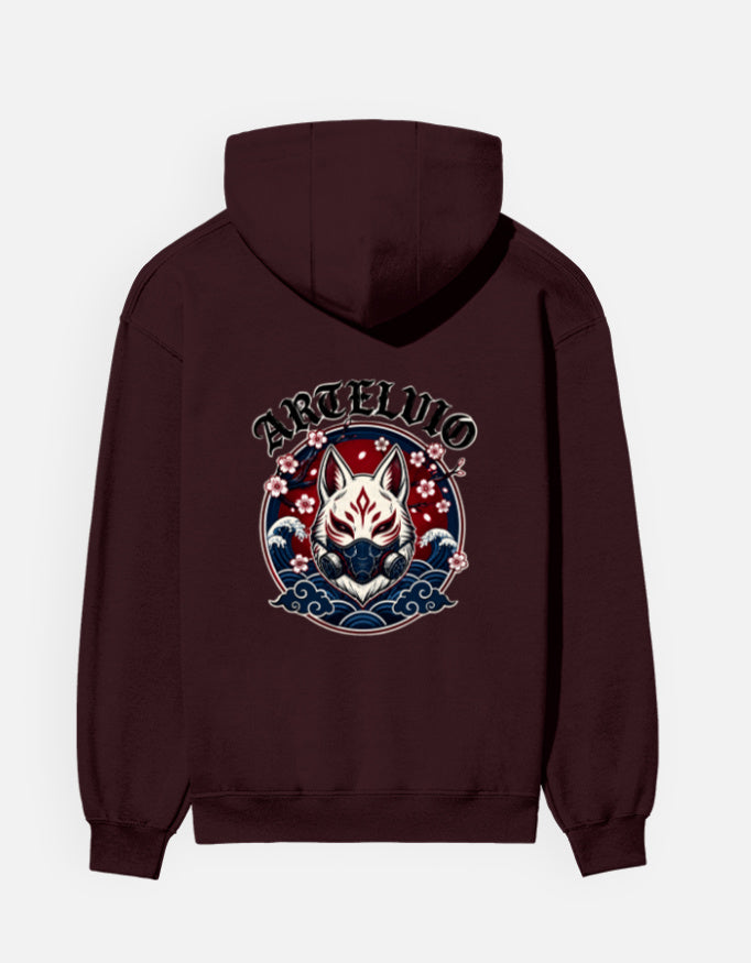 ARTELVIO Japanese fox graphic with waves and floral artwork on maroon hoodie back