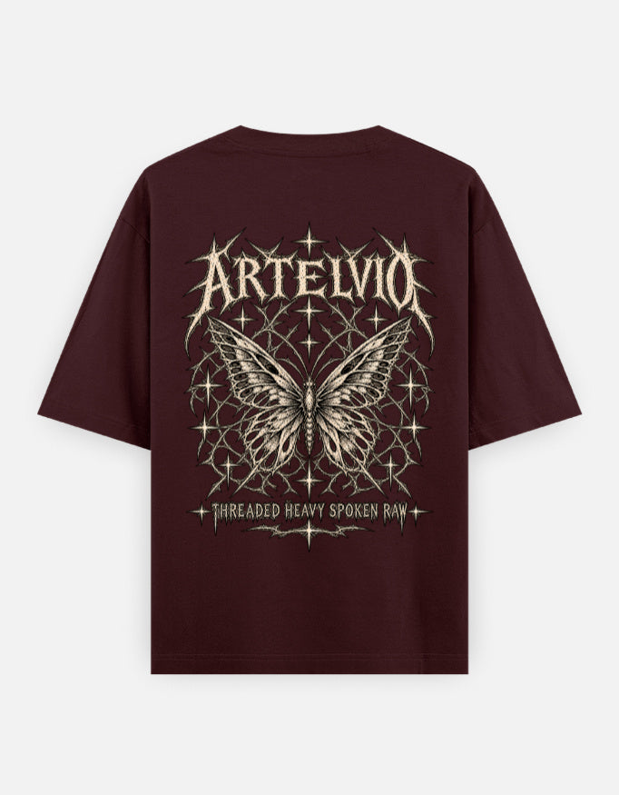 Artelvio Butterfly Eclipse oversized maroon t-shirt with celestial butterfly back graphic