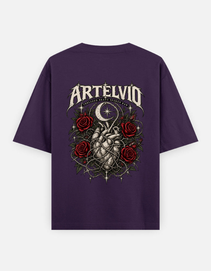 ARTELVIO Thorner Hearts oversized T-shirt in purple with full-back thorned heart, red roses and crescent moon graphic