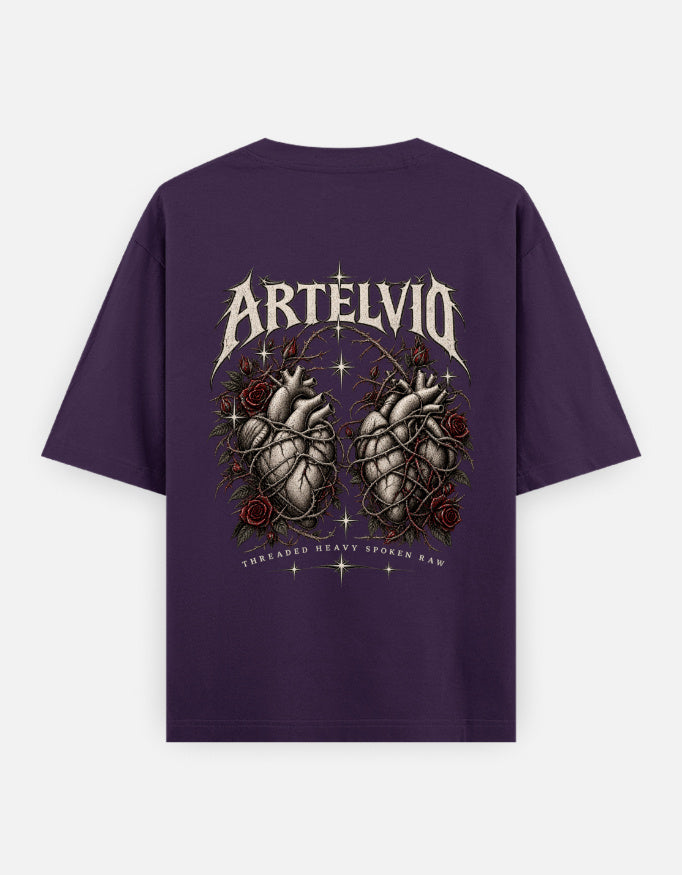 ARTELVIO Sacred Heart oversized T-shirt in purple, back view with anatomical heart and rose graphic