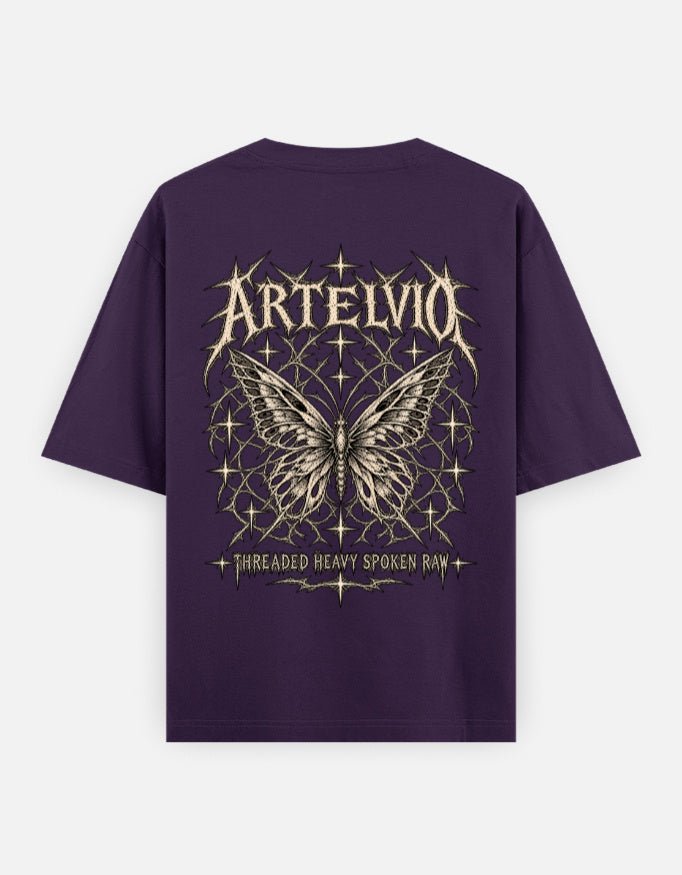 Artelvio Butterfly Eclipse oversized purple t-shirt with celestial butterfly back graphic