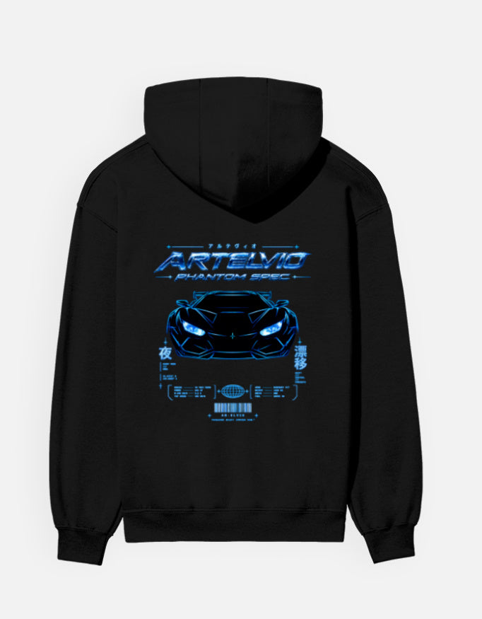 ARTELVIO Phantom Spec cyberpunk hoodie black back with blue car graphic