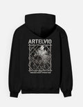 Black ARTELVIO Thorned Moon Graphic Hoodie featuring monochrome moon and twisted thorn artwork on the back.