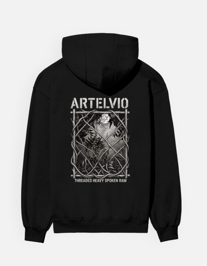 Black ARTELVIO Thorned Moon Graphic Hoodie featuring monochrome moon and twisted thorn artwork on the back.