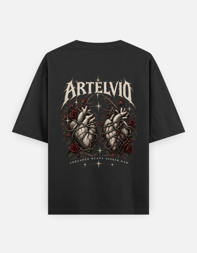 ARTELVIO Sacred Heart oversized T-shirt in black, back view with anatomical heart and rose graphic