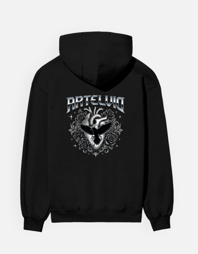 ARTELVIO Gothic Raven and rose graphic on black unisex hoodie back