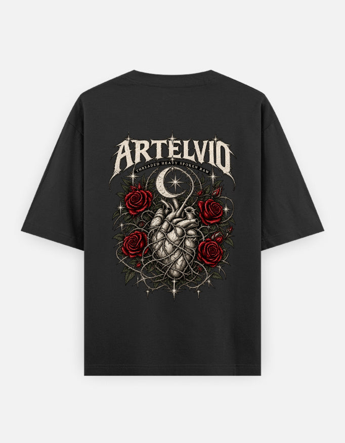 ARTELVIO Thorner Hearts oversized T-shirt in black with full-back thorned heart, red roses and crescent moon graphic