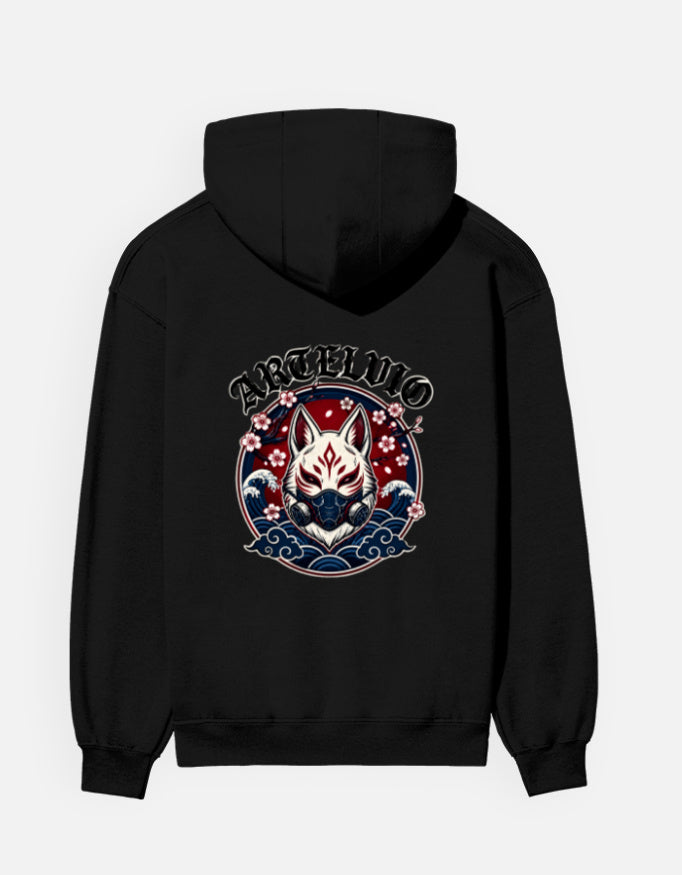 ARTELVIO Japanese fox graphic with waves and floral artwork on black hoodie back