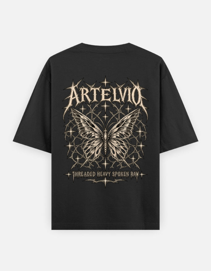Artelvio Butterfly Eclipse oversized black t-shirt with celestial butterfly back graphic
