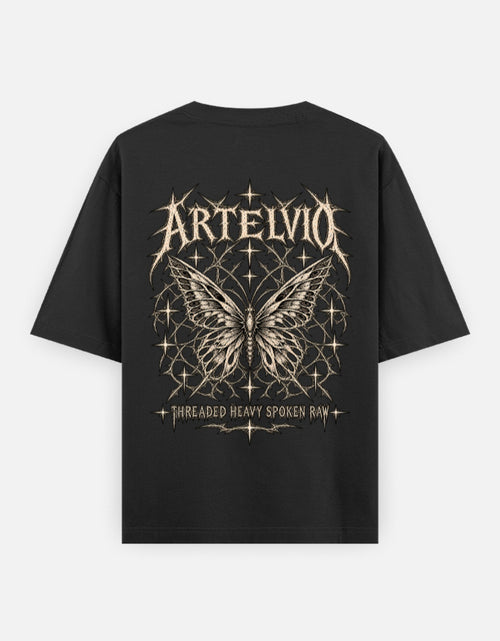 Artelvio Butterfly Eclipse oversized black t-shirt with celestial butterfly back graphic
