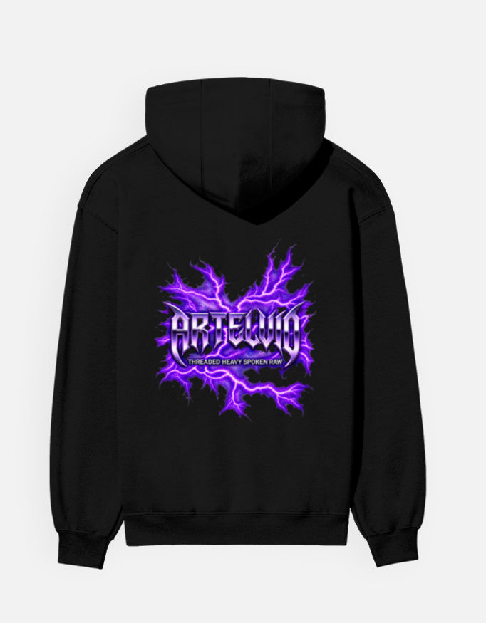 Black ARTELVIO Electric Pulse Hoodie with purple electric graphic on back