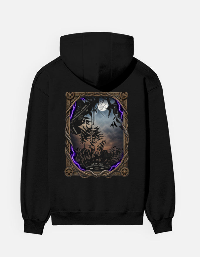 Black ARTELVIO Dark Grove Gothic Hoodie featuring a moonlit forest graphic with twisted branches and purple lightning.