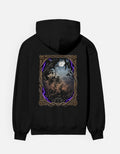 Black ARTELVIO Dark Grove Gothic Hoodie featuring a moonlit forest graphic with twisted branches and purple lightning.