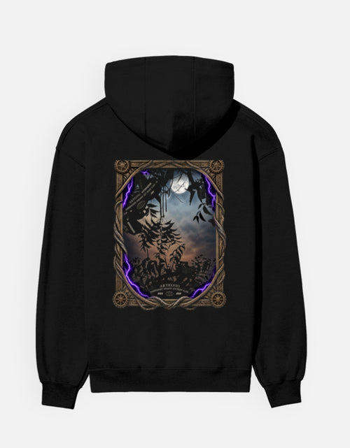 Black ARTELVIO Dark Grove Gothic Hoodie featuring a moonlit forest graphic with twisted branches and purple lightning.