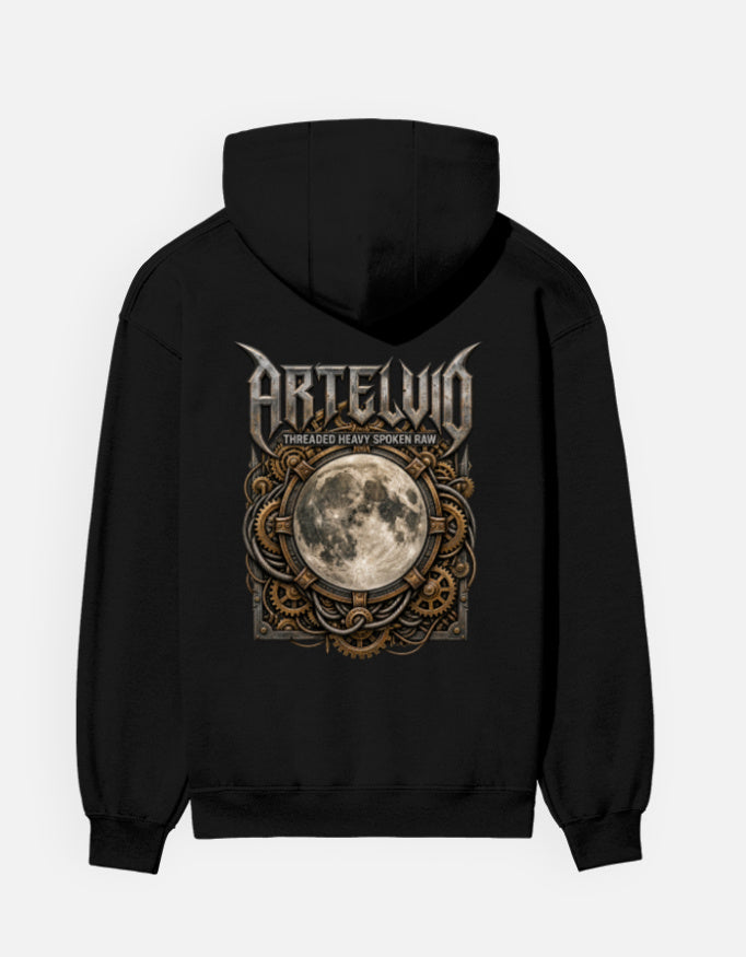 ARTELVIO Lunar Relic graphic hoodie black back with ornate full moon design