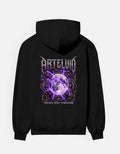 Black ARTELVIO Lunar Eclipse graphic hoodie with purple moon and lightning design on the back