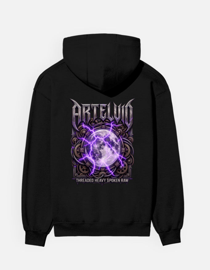 Black ARTELVIO Lunar Eclipse graphic hoodie with purple moon and lightning design on the back