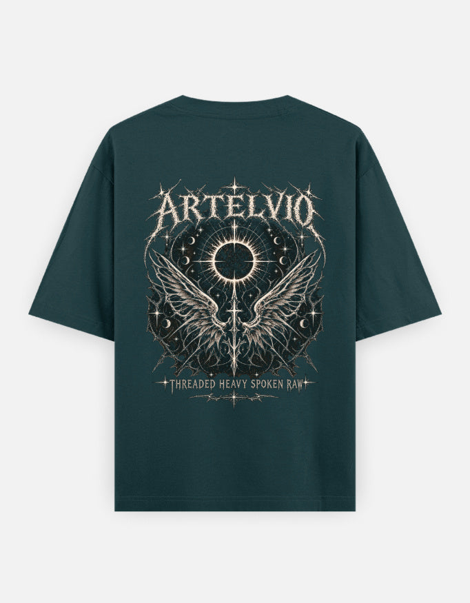 Artelvio Eclipse Wings Oversized Tee — RAW FEMME 002 in petrol blue