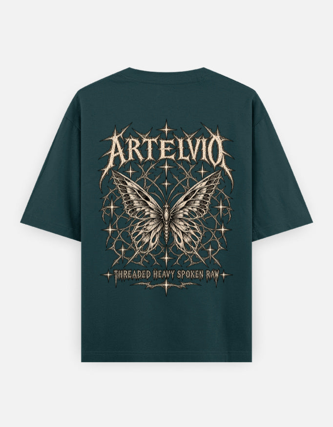 Artelvio Butterfly Eclipse oversized petrol blue t-shirt with celestial butterfly back graphic