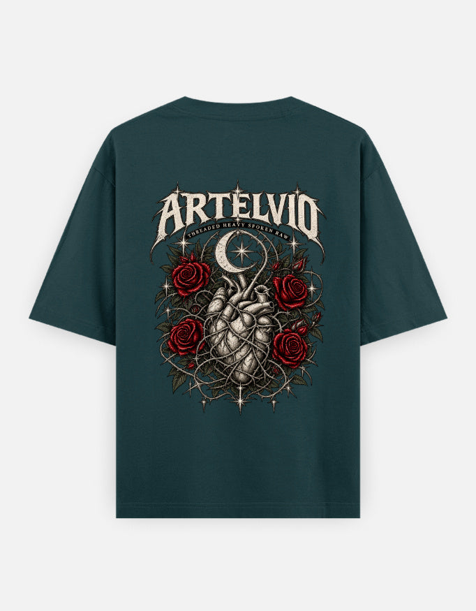 ARTELVIO Thorner Hearts oversized T-shirt in petrol blue with full-back thorned heart, red roses and crescent moon graphic