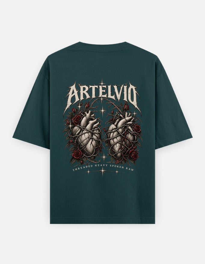 ARTELVIO Sacred Heart oversized T-shirt in petrol blue, back view with anatomical heart and rose graphic