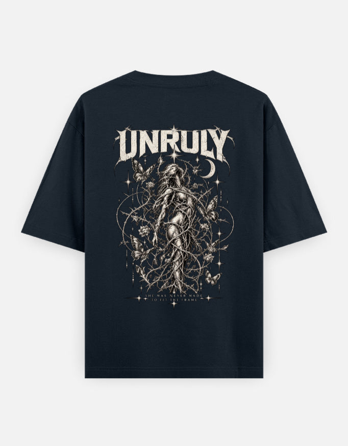 ARTELVIO Unruly oversized navy blue T-shirt with gothic butterfly and thorn graphic on back