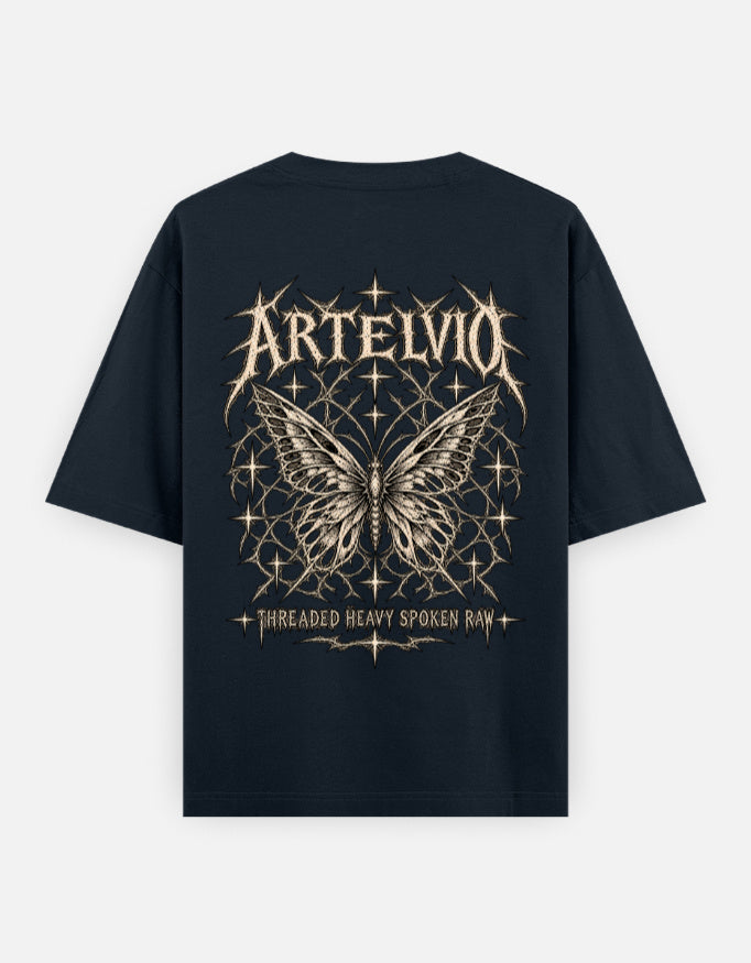 Artelvio Butterfly Eclipse oversized navy blue t-shirt with celestial butterfly back graphic