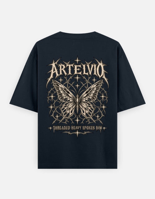 Artelvio Butterfly Eclipse oversized navy blue t-shirt with celestial butterfly back graphic