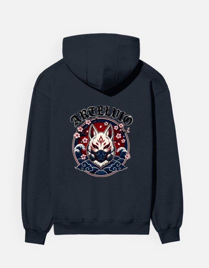 ARTELVIO Japanese fox graphic with waves and floral artwork on navy blue hoodie back