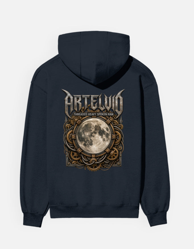 ARTELVIO Lunar Relic graphic hoodie navy blue back with ornate full moon design