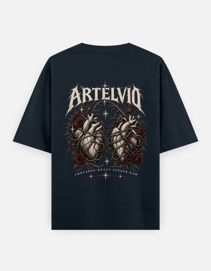 ARTELVIO Sacred Heart oversized T-shirt in navy blue, back view with anatomical heart and rose graphic