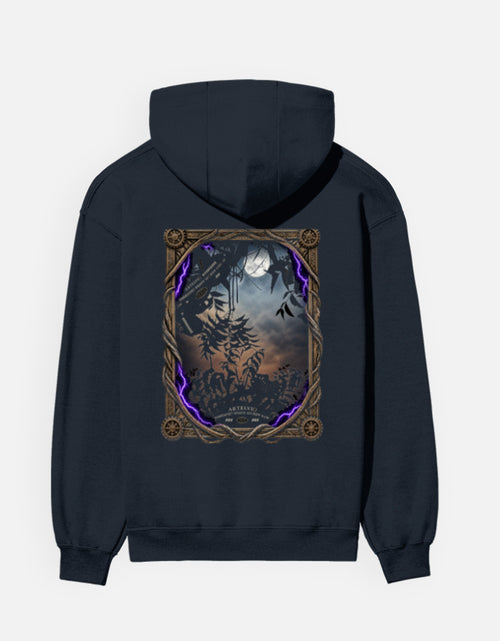 Navy blue ARTELVIO Dark Grove Gothic Hoodie featuring a moonlit forest graphic with twisted branches and purple lightning.