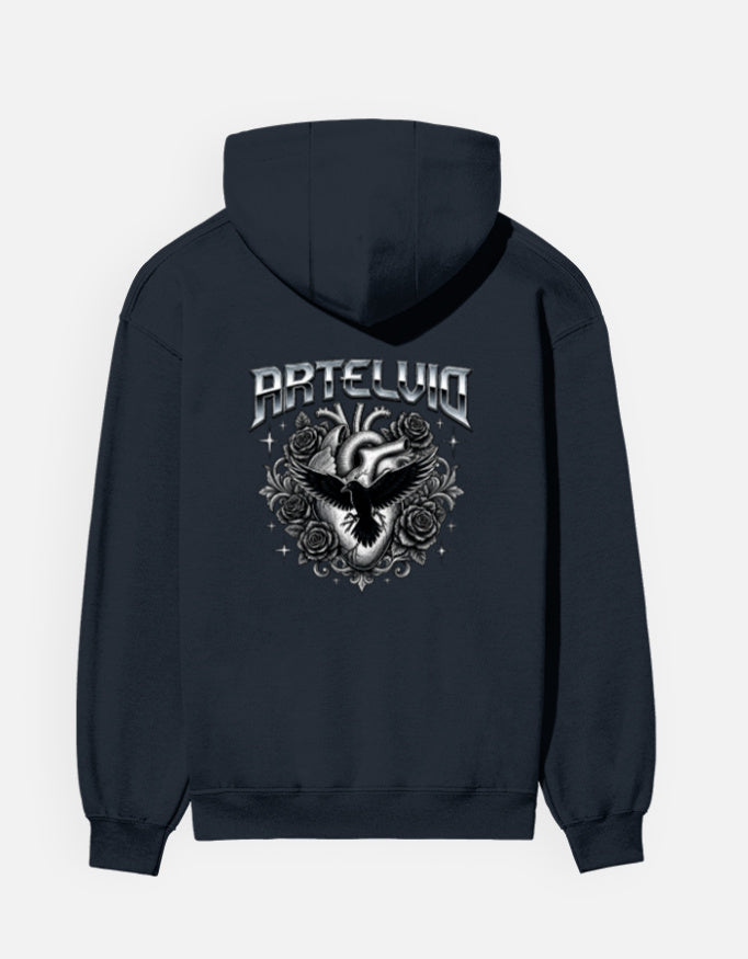 ARTELVIO Gothic Raven and rose graphic on navy blue unisex hoodie back