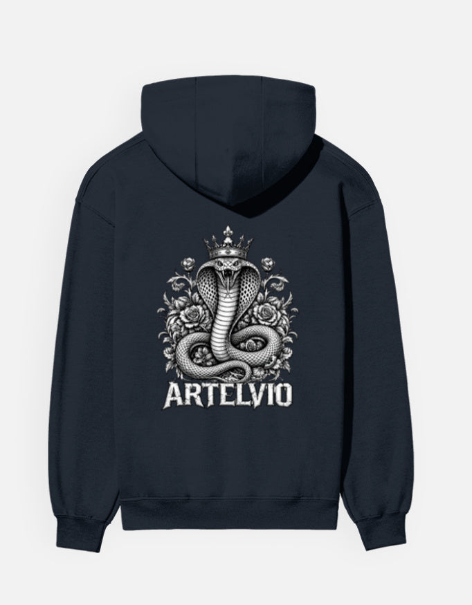 ARTELVIO Crown Cobra navy blue hoodie with crowned snake graphic on back