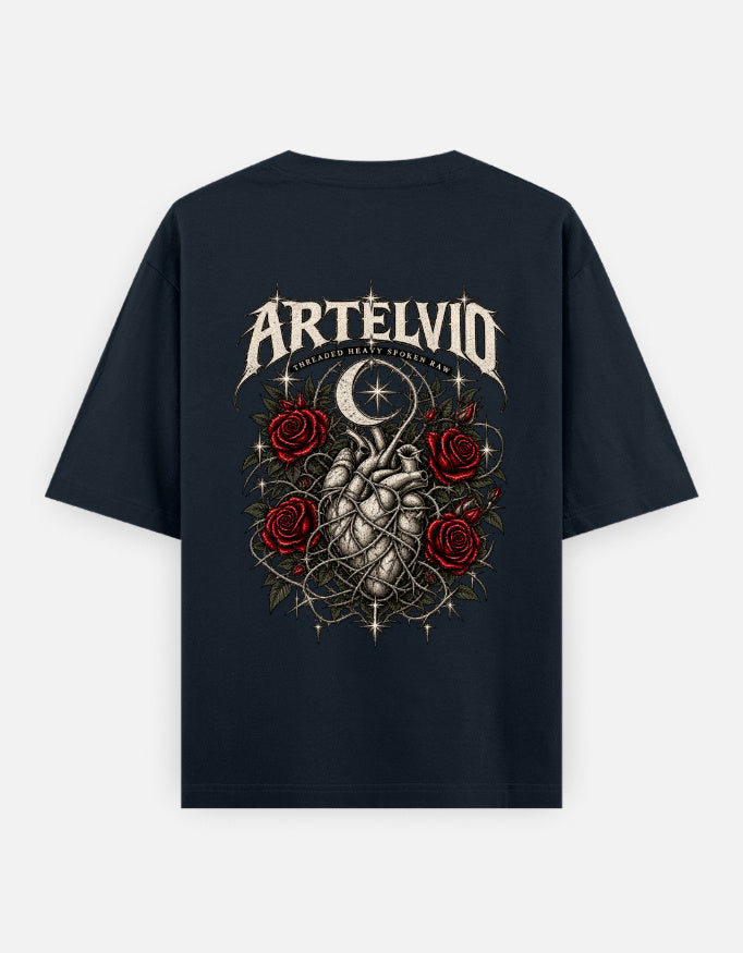 ARTELVIO Thorner Hearts oversized T-shirt in navy blue with full-back thorned heart, red roses and crescent moon graphic
