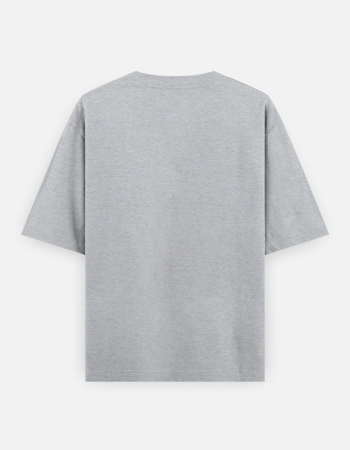 Grey melange oversized t-shirt, back view, plain solid-color design