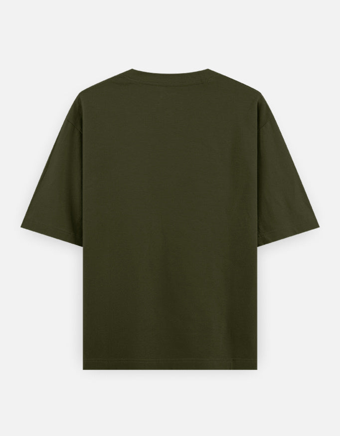 Olive green oversized t-shirt, back view, plain solid-color design