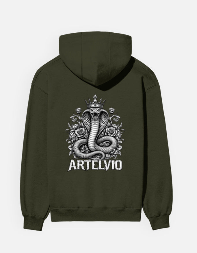 ARTELVIO Crown Cobra olive green hoodie with crowned snake graphic on back