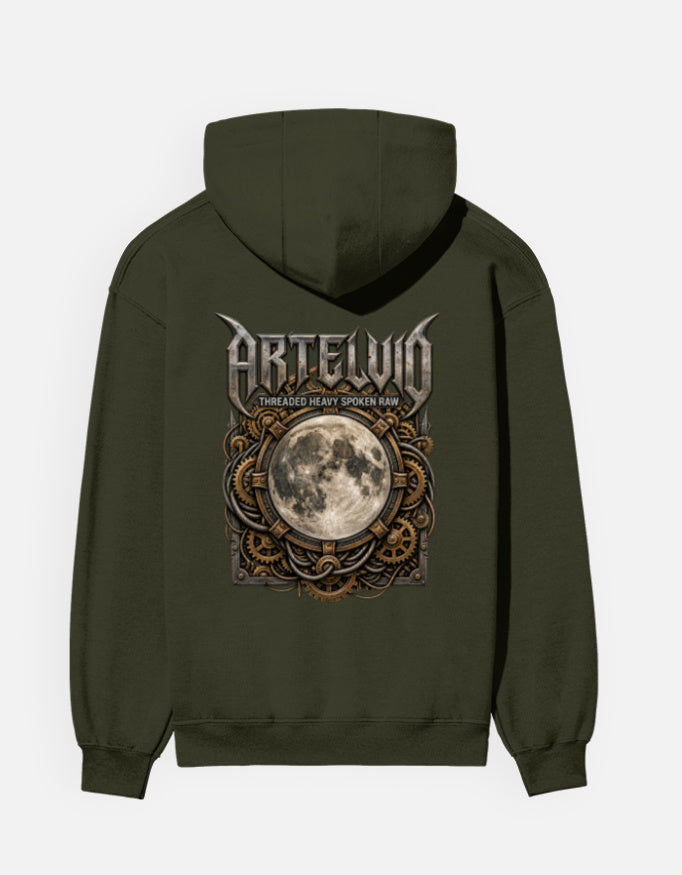 ARTELVIO Lunar Relic graphic hoodie olive green back with ornate full moon design