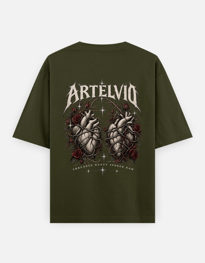 ARTELVIO Sacred Heart oversized T-shirt in olive green, back view with anatomical heart and rose graphic